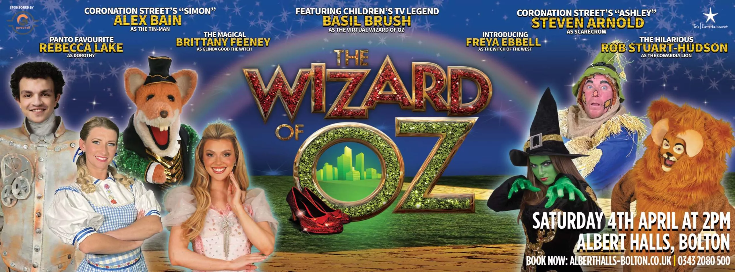 Graphic shows the cast of a pantomime, text says 'The wizard of oz'